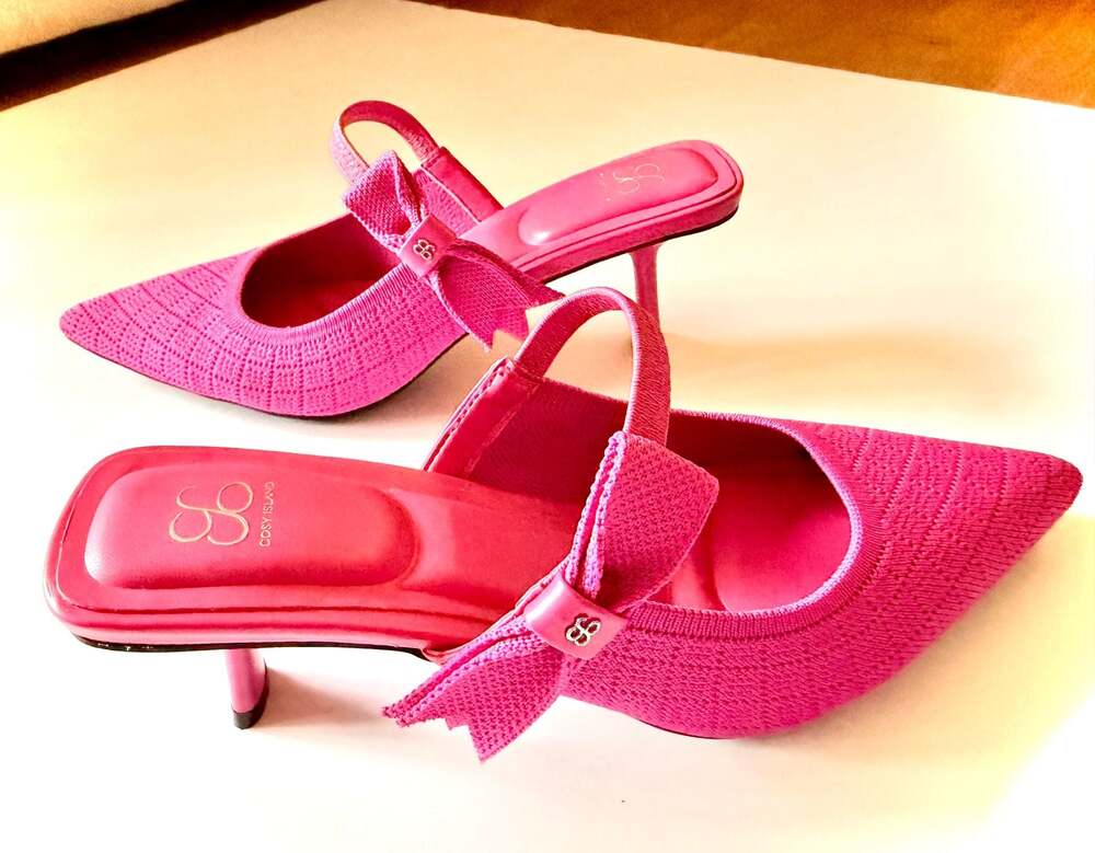 Cosy Island Hot Pink Knit Pointed Toe Bow Mary Jane Kitten Heel Mules Size 9 - Picture 4 of 6